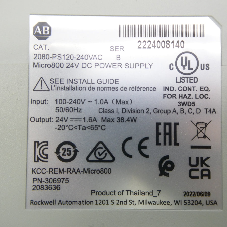 ALLEN BRADLEY 2080-PS120-240VAC SER. B 100-240V 1.0A UNMP