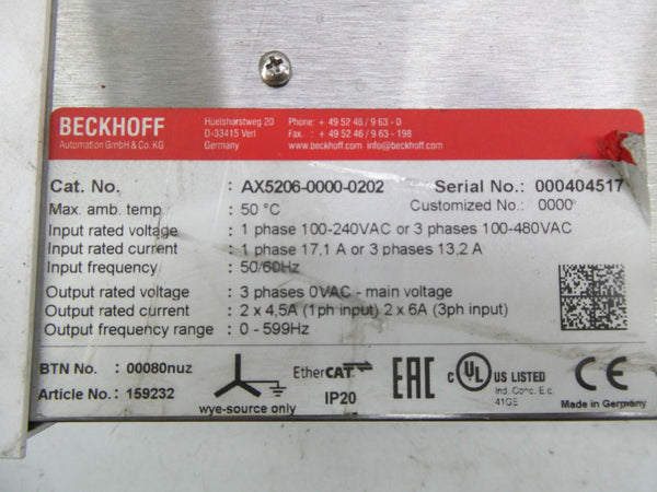 BECKHOFF AX5206-0000-0202 100-240VAC 17.1A NSNP