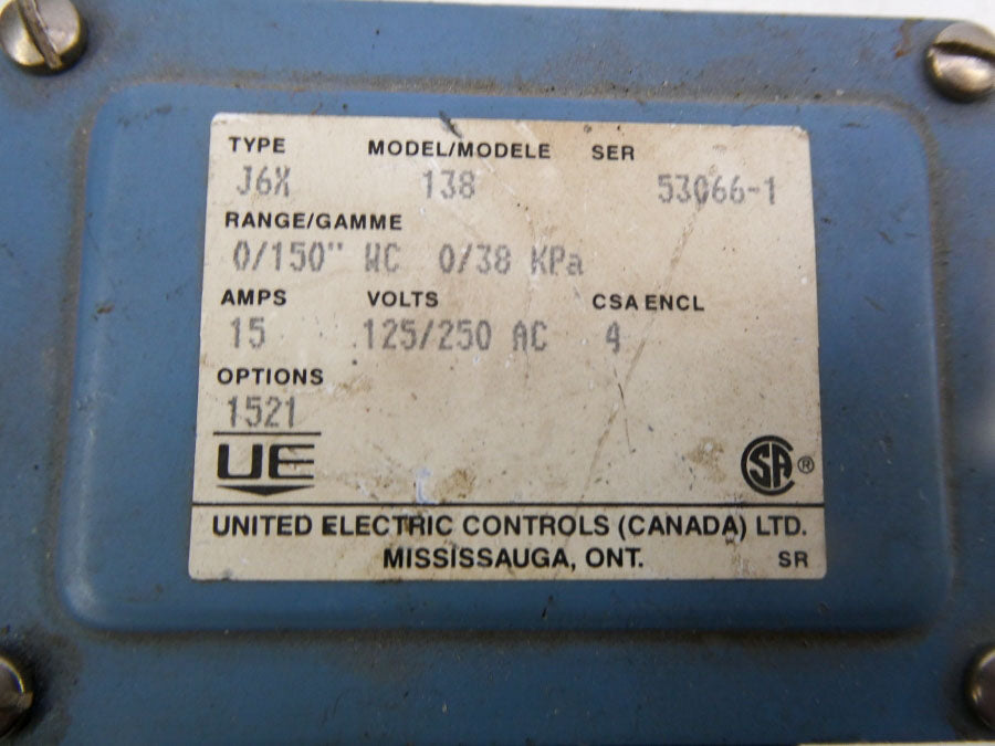 UNITED ELECTRIC J6X138 125/250VAC 15A 0/150"WC UNMP