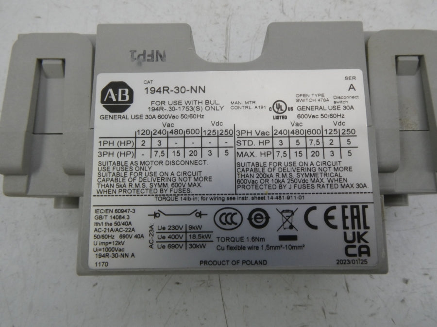 INDUSTRIAL SPARE PART 194R-30-NN SER. A 600VAC 30A (BR/WH) NSMP