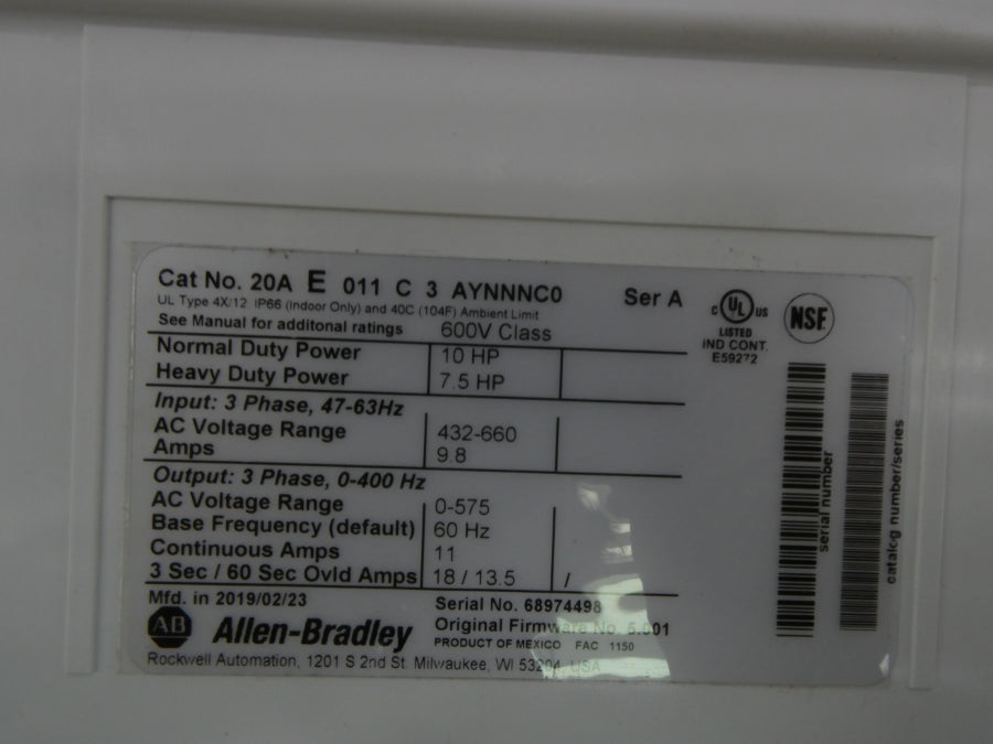 INDUSTRIAL SPARE PART 20AE011C3AYNNNC0 SER. A F/W 5.001 432-660VAC 9.8 NSMP
