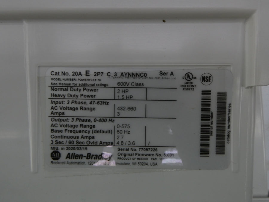 INDUSTRIAL SPARE PART 20AE2P7C3AYNNNC0 SER. A F/W 5.001 432-660VAC 3A NSMP