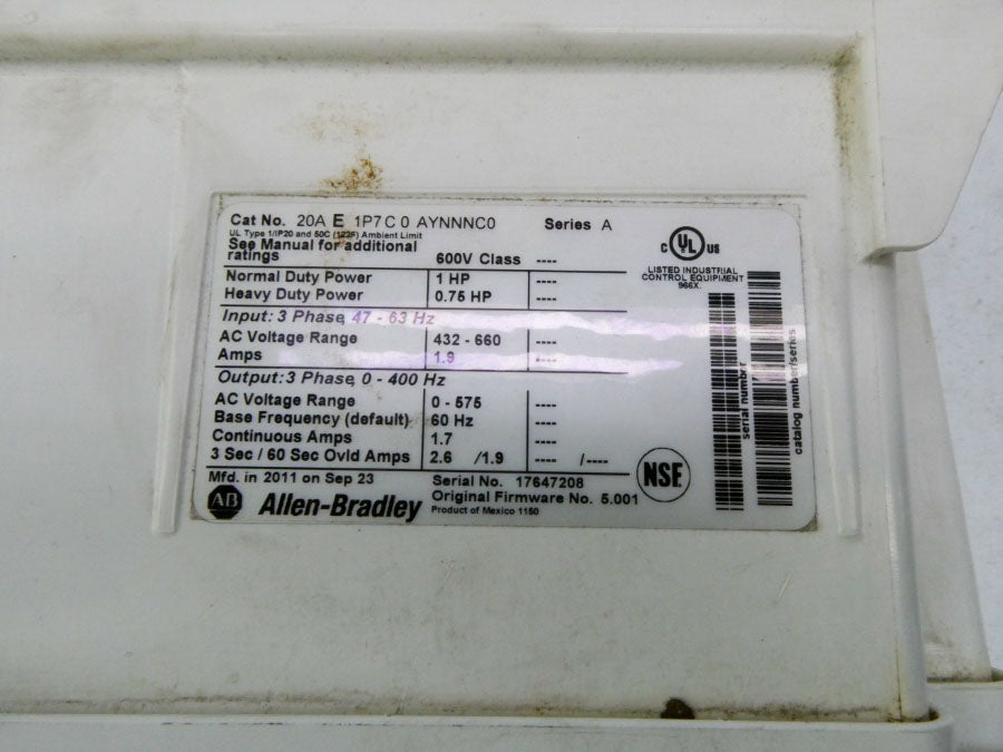 INDUSTRIAL SPARE PART 20AE1P7C0AYNNNC0 SER. A F/W 5.001 432-660VAC 1.9A UNMP