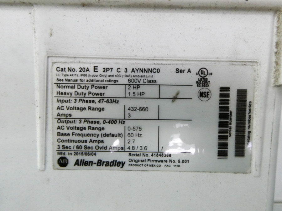INDUSTRIAL SPARE PART 20AE2P7C3AYNNNC0 SER. A F/W 5.001 432-660VAC 3A UNMP