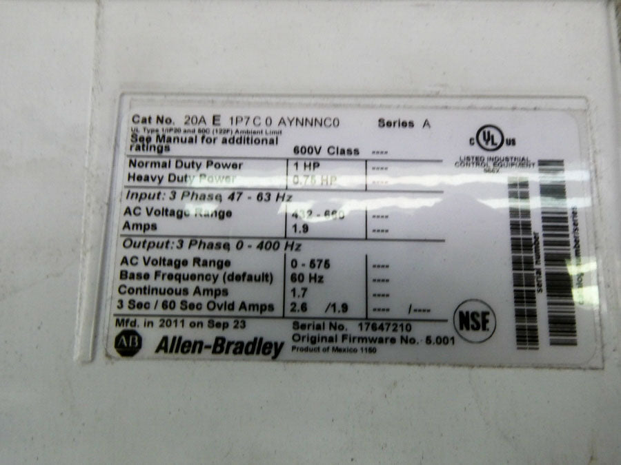 INDUSTRIAL SPARE PART 20AE1P7C0AYNNNC0 SER. A F/W 5.001 432-660VAC 1.9A UNMP