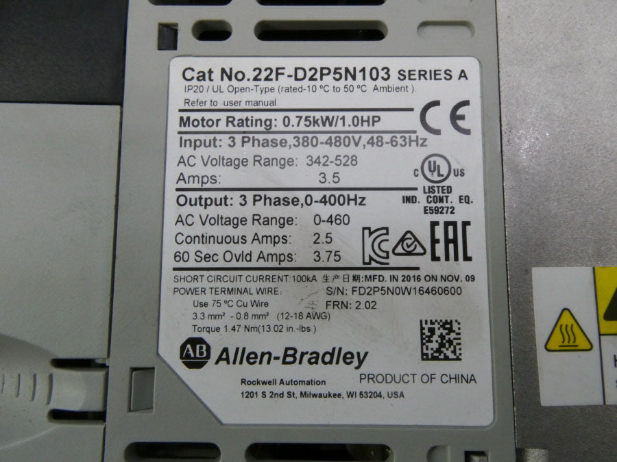 INDUSTRIAL SPARE PART 22F-D2P5N103 SER. A F/W 2.02 342-528VAC 3.5A UNMP