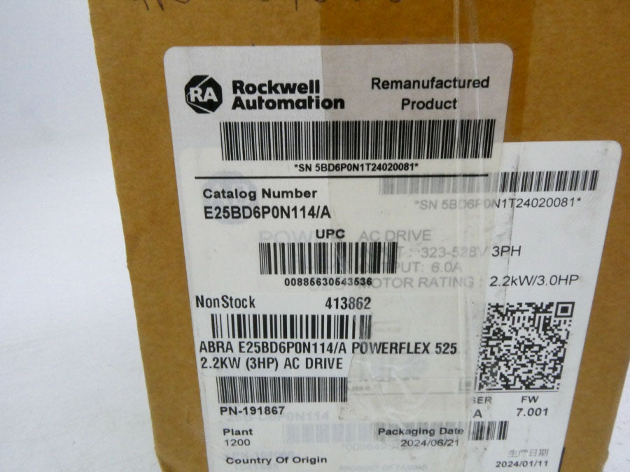 ROCKWELL AUTOMATION E25BD6P0N114 SER. A F/W 7.001 323-528VAC 7.5A REMAN