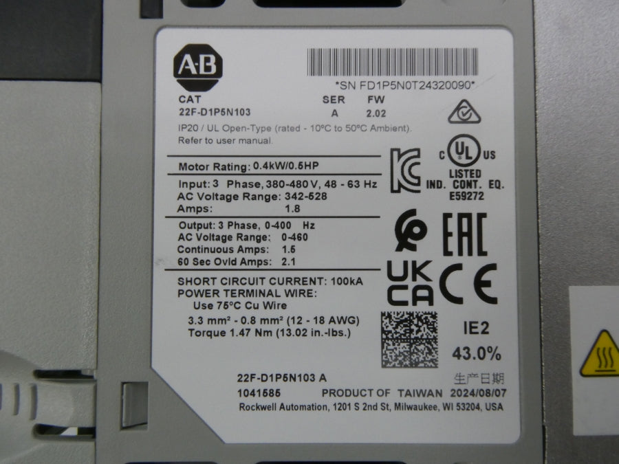INDUSTRIAL SPARE PART 22F-D1P5N103 SER. A F/W 2.02 342-528VAC 1.8A NSNP