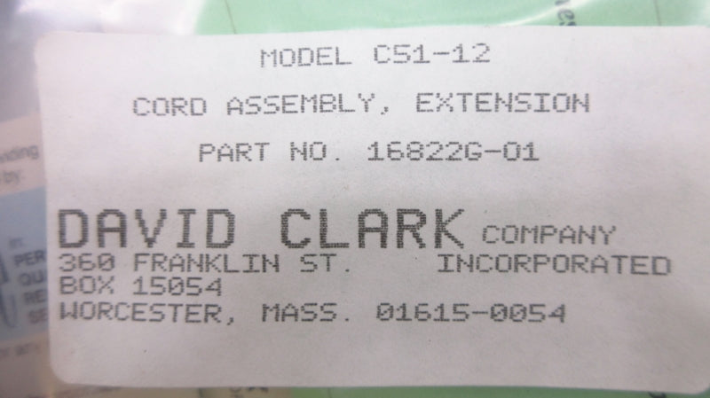 DAVID CLARK 16822G-01 C51-12 NSMP