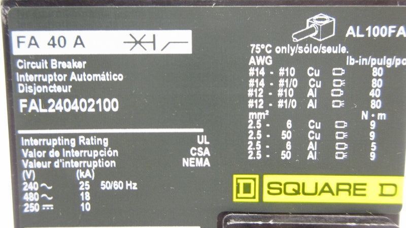 SQUARE D FAL240402100 480V 40A NSMP