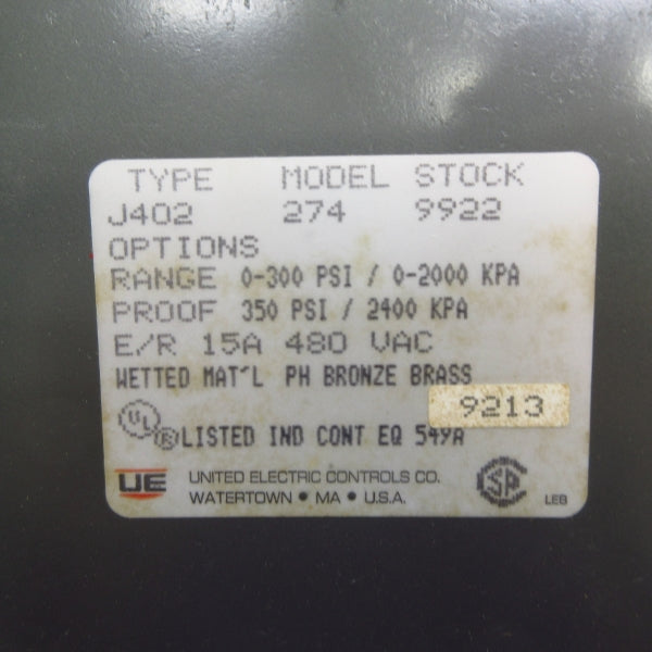 UNITED ELECTRIC CONTROLS J402274 480VAC 15A 0-300PSI NSNP