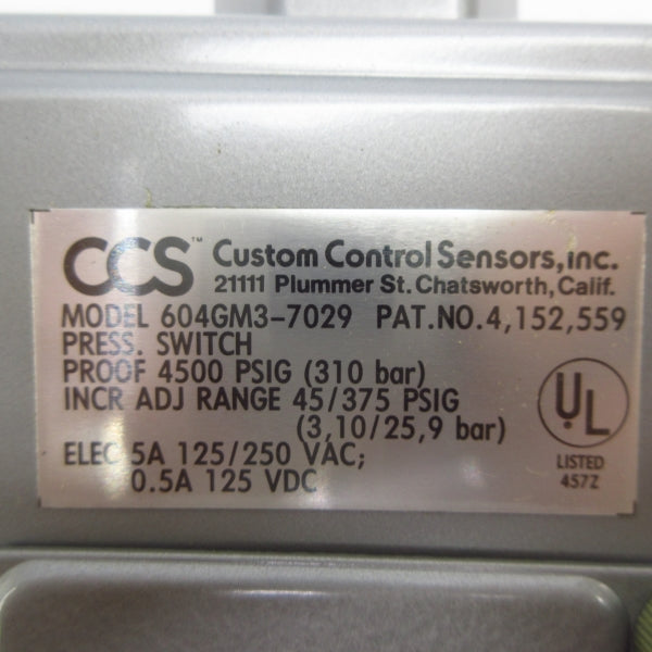 CUSTOM CONTROL SENSORS 604GM3-7029 125/250VAC 5A 4500PSI NSMP