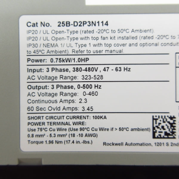 ALLEN BRADLEY 25B-D2P3N114 SER. A F/W 6.001 323-528V 2.3A NSMP