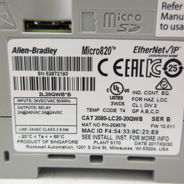 ALLEN BRADLEY 2080-LC20-20QWB SER. B F/W 10.011 24VDC/AC 2A NSMP