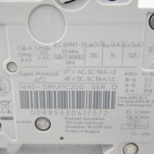 ALLEN BRADLEY 1492-SPM1C200 SER. D 277VAC 20A NSMP