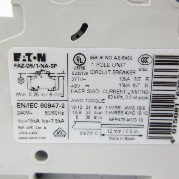 EATON FAZ-D5/1-NA-SP 167169 277VAC 5A NSMP