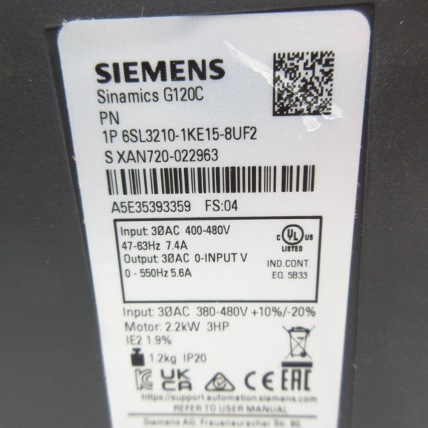 SIEMENS 6SL3210-1KE15-8UF2 400-480V 7.4A NSMP