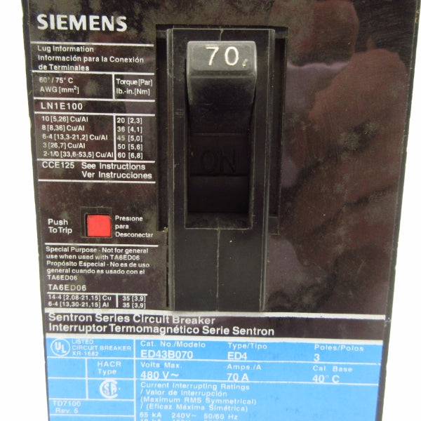 SIEMENS ED43B070 480V 70A NSMP