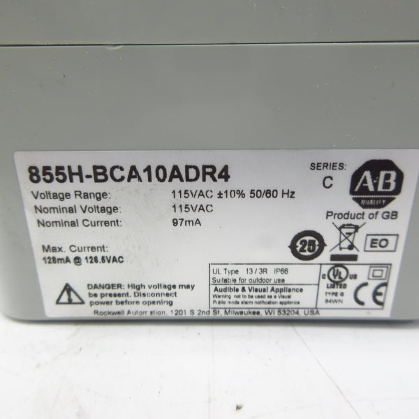 ALLEN BRADLEY 855H-BCA10ADR4 SER. C 115VAC (BR/WH) NSMP