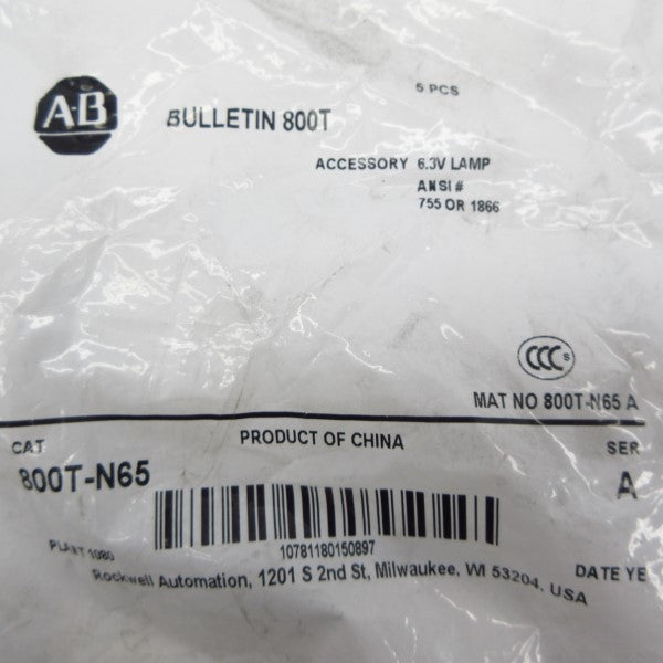 ALLEN BRADLEY 800T-N65 SER. A 6.3V (PKG OF 5) NSMP