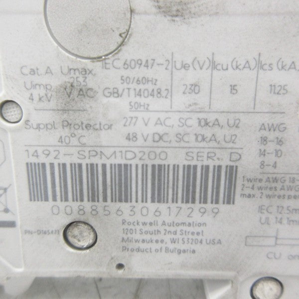 ALLEN BRADLEY 1492-SPM1D200 SER. D 277VAC 20A NSNP