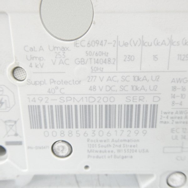 ALLEN BRADLEY 1492-SPM1D200 SER. D 277VAC 20A NSMP