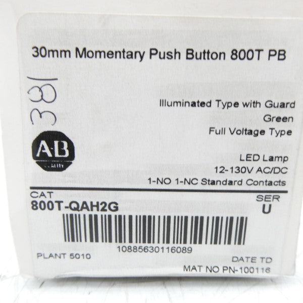 ALLEN BRADLEY 800T-QAH2G SER. U 12-130VAC/DC (WH) NSFS