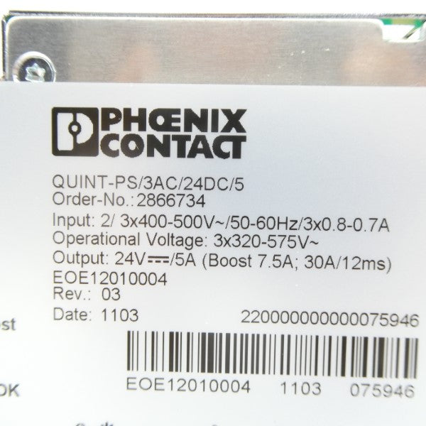 PHOENIX CONTACT QUINT-PS/3AC/24DC/5 2866734 400-500V 0.8-0.7A NSMP
