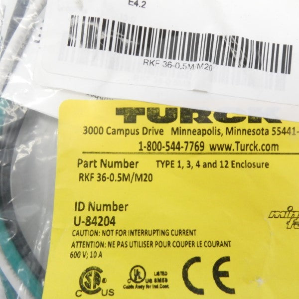 TURCK RKF36-0.5M/M20 U-84204 600V 10A NSMP