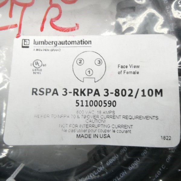 LUMBERG AUTOMATION RSPA3-RKPA3-802/10M 600VAC 18A NSMP