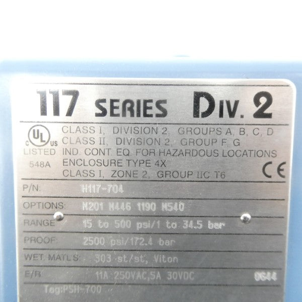 UNITED ELECTRIC H117-704 250VAC 11A 15-500PSI NSNP