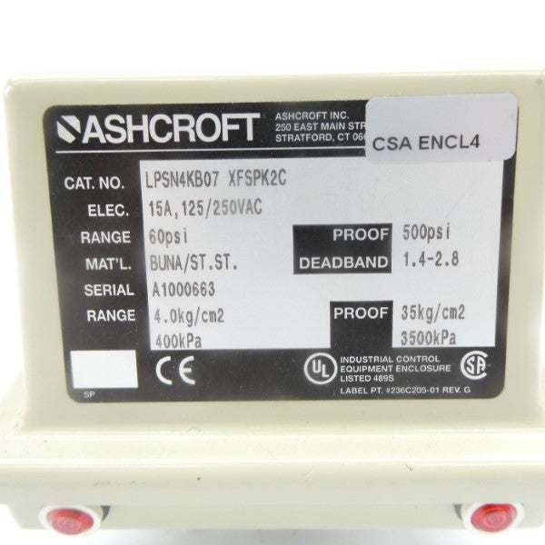 ASHCROFT LPSN4KB07 XFSPK2C 125/250VAC 15A 60PSI NSNP