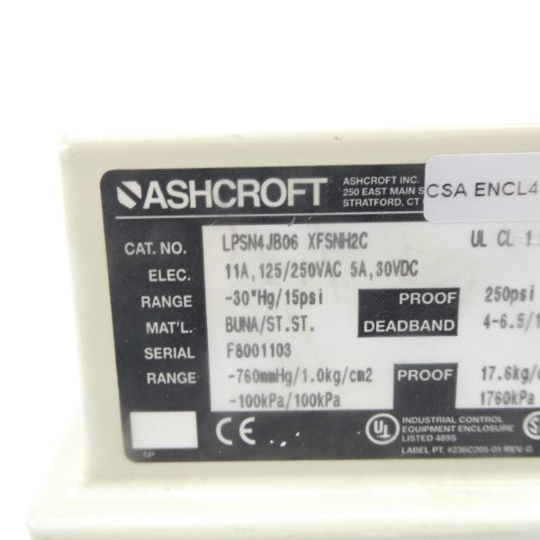 ASHCROFT LPSN4JB06 XFSNH2C 125/250VAC 5A -30"HG/15PSI NSNP