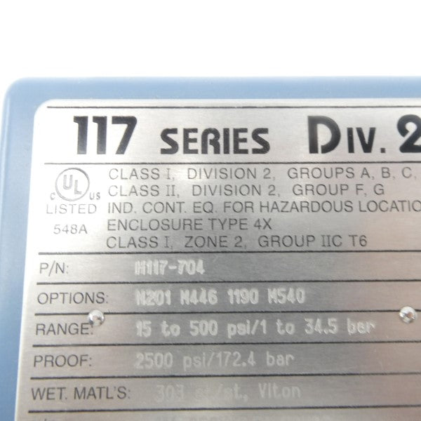 UNITED ELECTRIC CONTROLS H117-704 15-500PSI NSNP