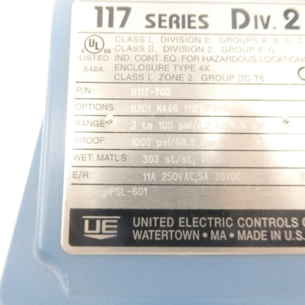 UNITED ELECTRIC CONTROLS H117-702 250VAC 11A 3-100PSI NSNP