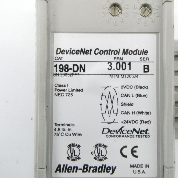 ALLEN BRADLEY 198-DN SER. B F/W 3.001 24VDC UNMP