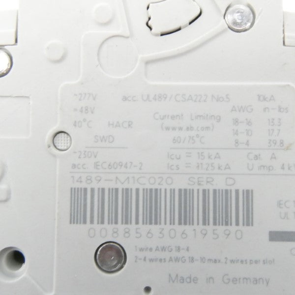 ALLEN BRADLEY 1489-M1C020 SER. D 277V 2A UNMP