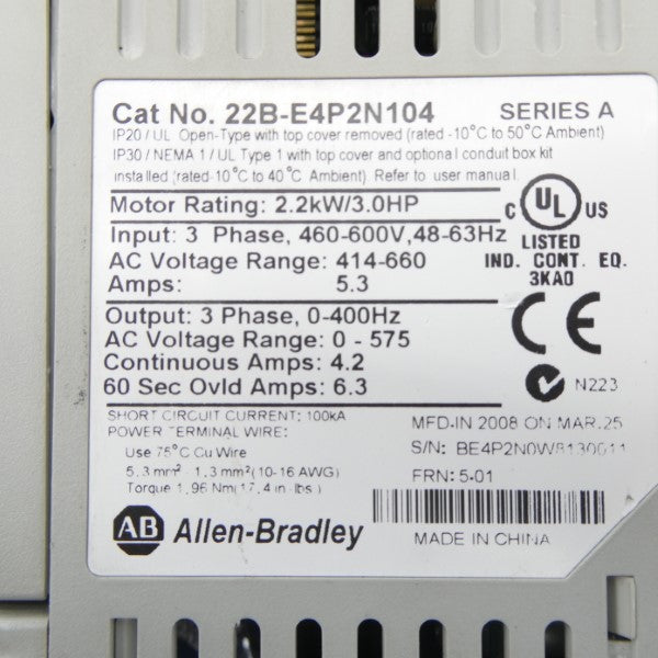 ALLEN BRADLEY 22B-E4P2N104 SER. A F/W 5.01 460-600V 5.3A UNMP