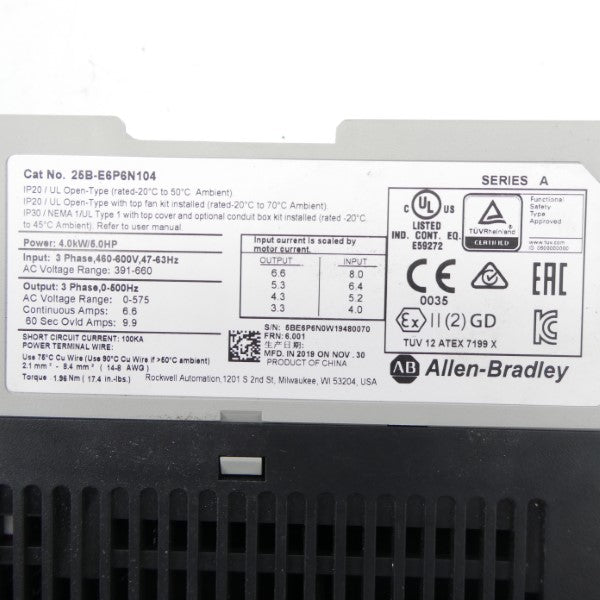 ALLEN BRADLEY 25B-E6P6N104 SER. A F/W 6.001 460-600V UNMP