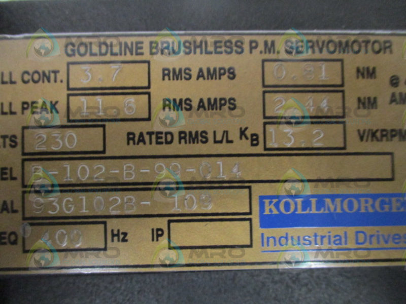 KOLLMORGEN GOLDLINE B-102-B99-014 BRUSHLESS P.M. SERVOMOTOR UNMP
