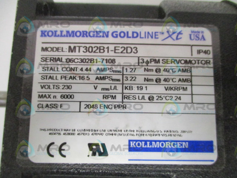 KOLLMORGEN GOLDLINE XT MT302B1-E2D3 3PM SERVOMOTOR 230V NSNP