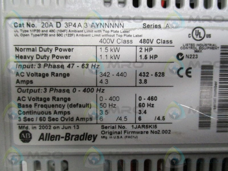 INDUSTRIAL SPARE PART 20AD3P4A3AYNNNNN SERVO CONTROLLER  UNMP