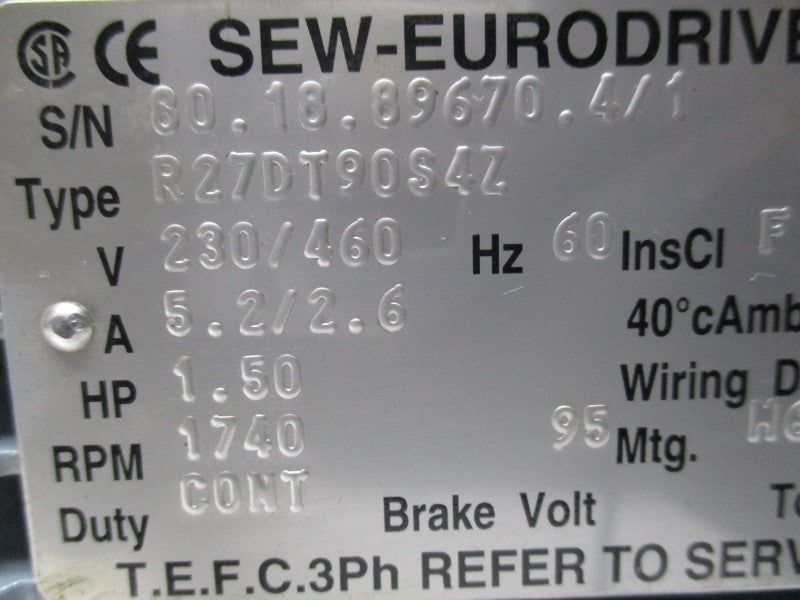 SEW-EURODRIVE R27DT9054Z GEAR MOTOR (AS PICTURED)  NSNP