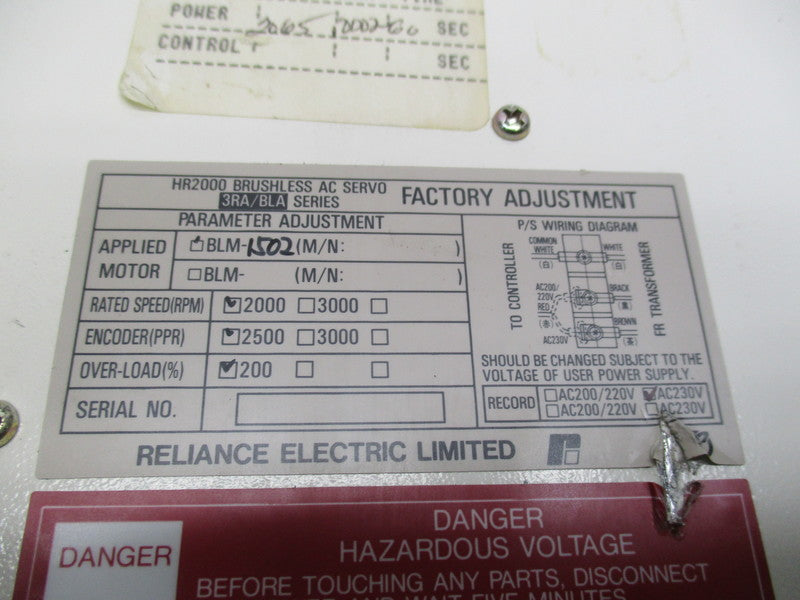 RELIANCE HR2000/BLA-08 BRUSHLESS AC SERVO 220V  UNMP