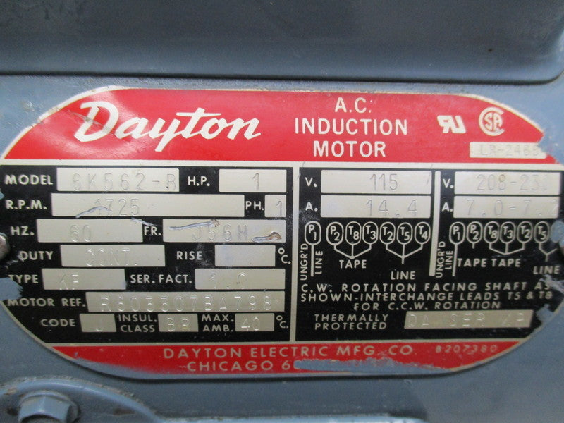 DAYTON 6K562-B MOTOR 1 HP 1725 RPM 115V   UNMP