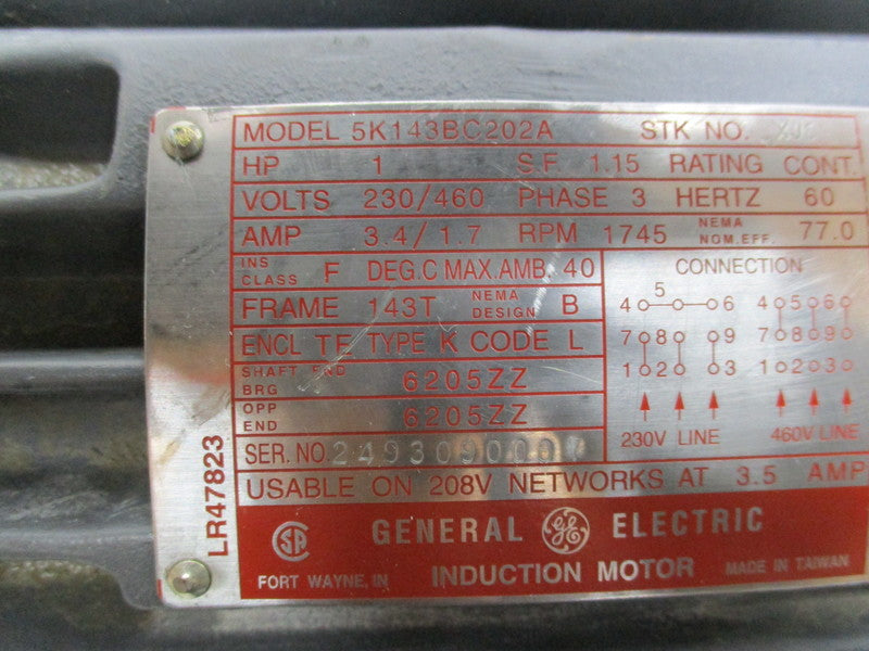 GENERAL ELECTRIC 5K143BC202A MOTOR 1 HP 1745 RPM  (NO FAN)  UNMP