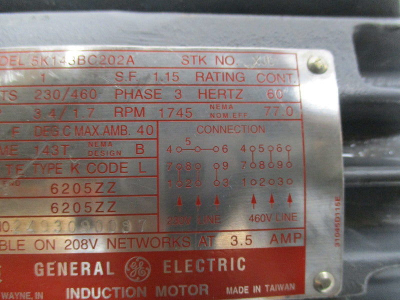 GENERAL ELECTRIC 5K143BC202A MOTOR 1 HP 1745 RPM  (NO FAN)  UNMP