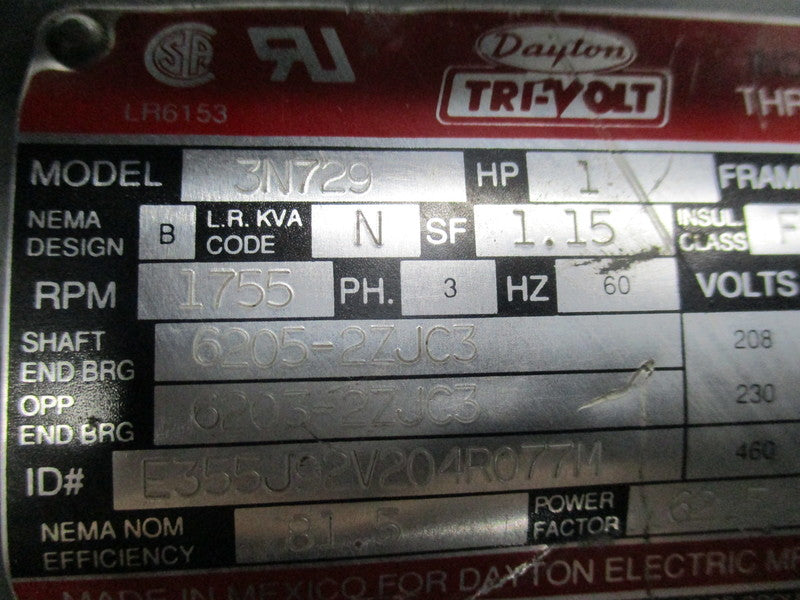 DAYTON 3N729 MOTOR 1 HP 1755 RPM   UNMP