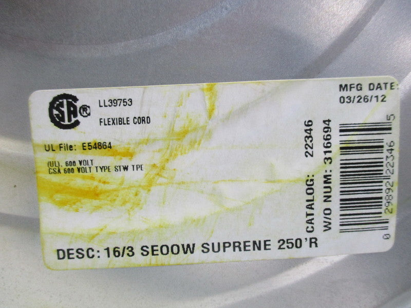 COLEMAN CABLE 22346 16/3 SEOOW SURPENE 250'R CORD  NSNP