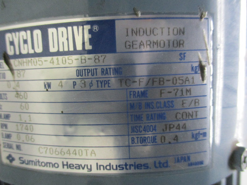SUMITOMO CNHM05-4105-B-87 RATIO: 87 INDUCTION GEARMOTOR  NSNP